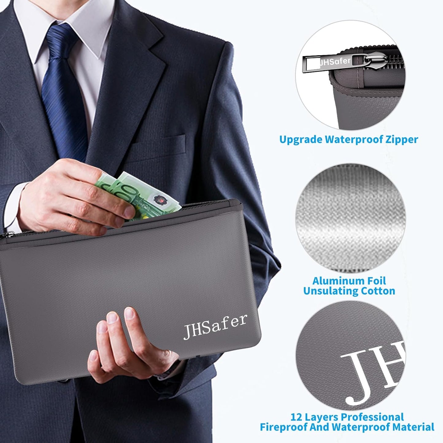 6400℉ Fireproof and Waterproof Money Bags 2pcs with Zipper,11''x6.3'' Fireproof Cash Bag with Zipper,Fireproof Wallet Envelope Safe Pouch Fireproof Bags for Cash Passports Keys Jewellery (Gray)