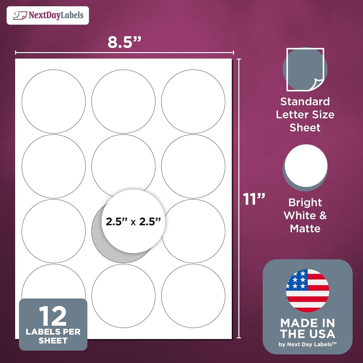 NextDayLabels - Laser/Ink Jet White Labels (2-1/2" Round - 12 Per Page | 300 Labels)
