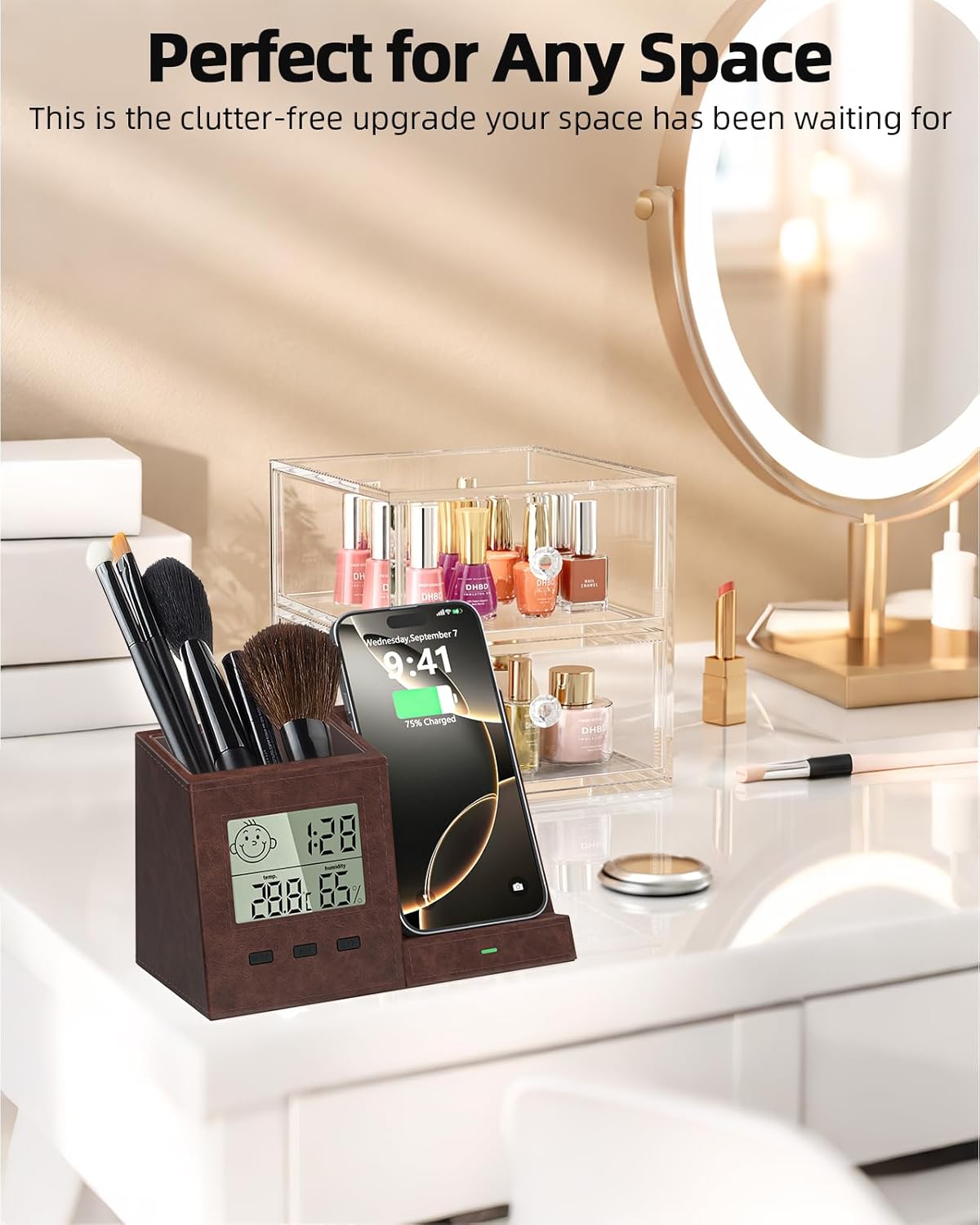 Multifunctional Pen Holder and Organizer for Desk with Wireless Charger, Digital Indoor Thermometer and Humidity Gauge, Home Office Organizers and Storage (Battery Included)