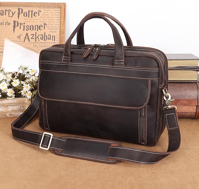 Masa Kawa Leather Briefcase for Men 15.6" - 17" Laptop Computer Case Business Travel Work Messenger Cross Body Shoulder Bag