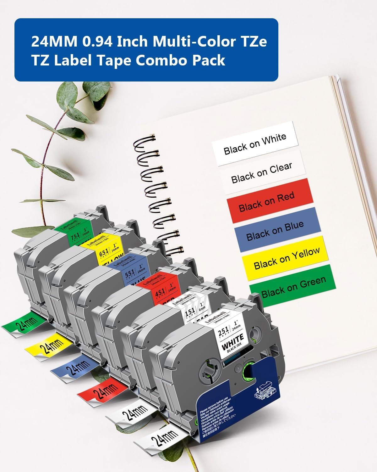 6-Pack TZe 24mm 0.94" Laminated Compatible for P Touch 1 Inch TZ Label Tape TZe-151 251 451 551 651 751 for Ptouch PT-D600 P700D 410 D610BT P710BT, Clear/White/Red/Blue/Yellow/Green
