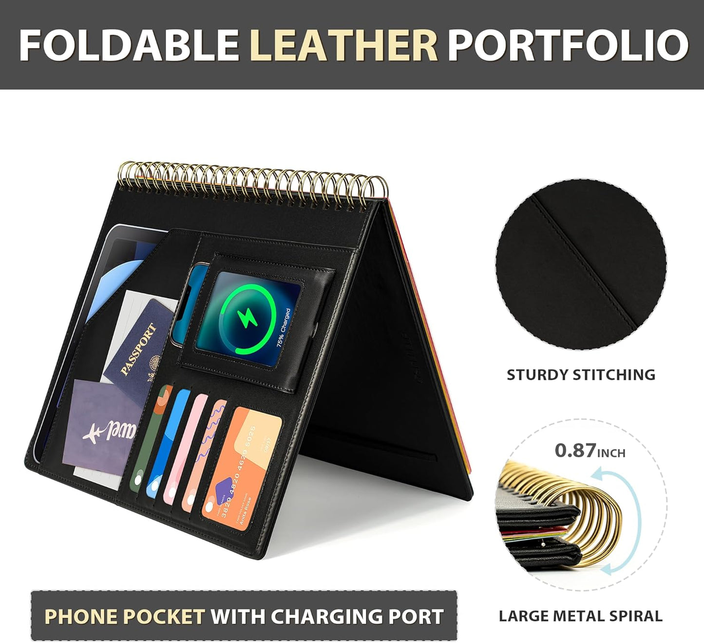 Clipboard with Storage for Men Women, Leather Padfolio Portfolio Organizer 5 Folders with 10 Pockets, Spiral Clipboard Folio with Notepad for Letter Size, Elastic Closure and Pen Loop Black