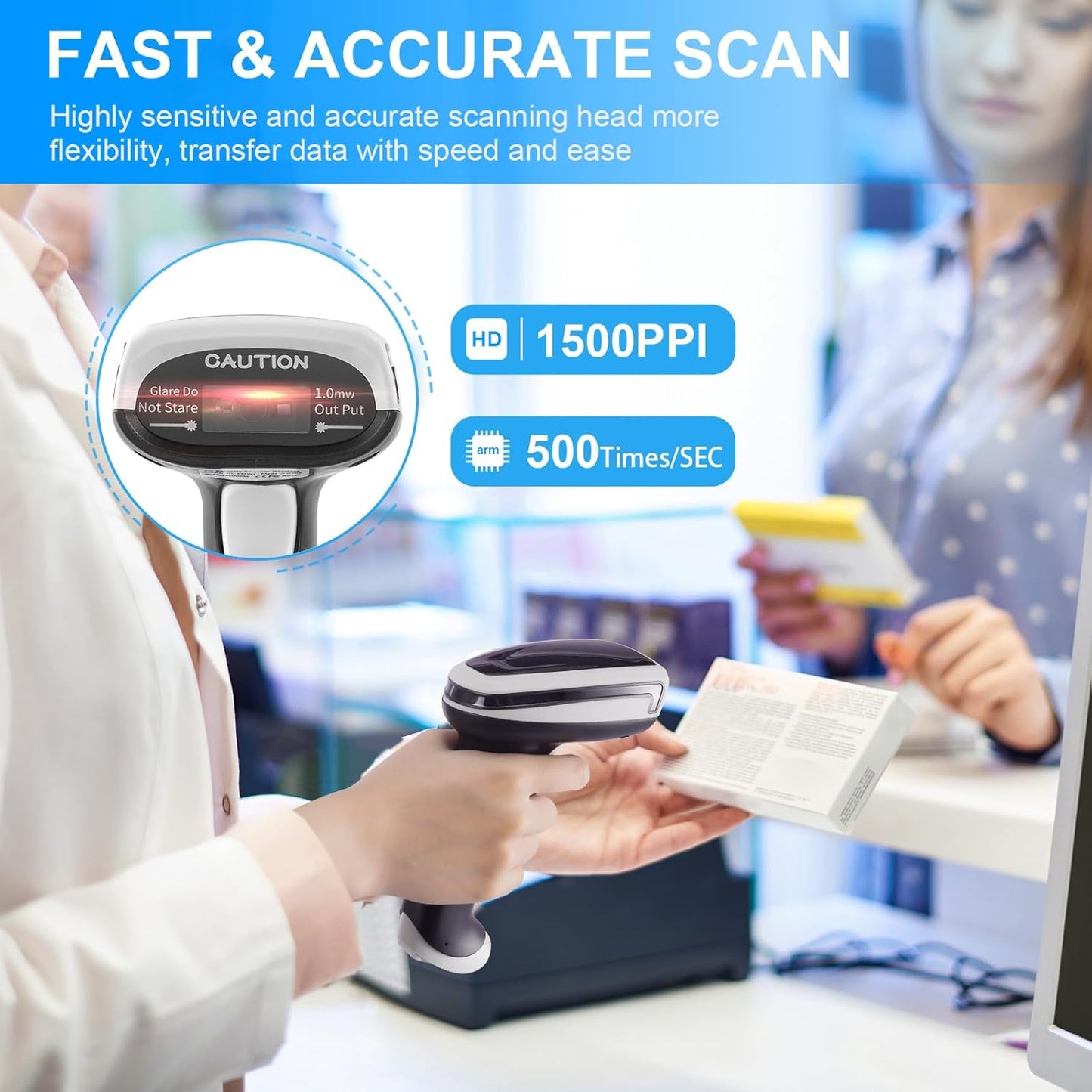 2D Barcode Scanner Wireless, Bluetooth QR Code Scanner Handheld Bar Code Scanners with Stand 3 in 1 Bluetooth & 2.4G Wireless & USB Wired Connection 1D&PDF417 Data Matrix Automatic Barcode Reader