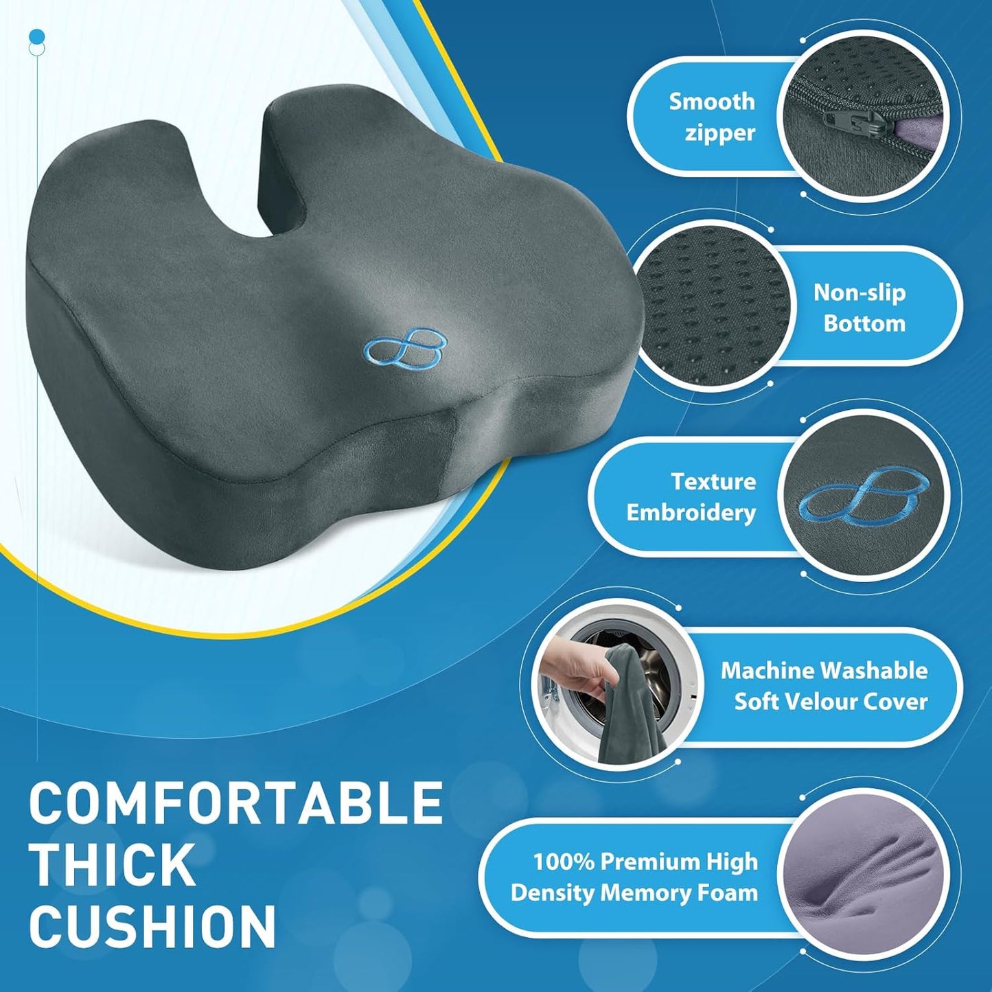 BlissTrends Seat Cushion,5.2in Thick Memory Foam Cushions for Office Chair, Car Seat, Airplane, Relieving Pressure Tailbone Sciatica Back Pain for Long Sitting Office Workers, Car Drivers DarkGreen