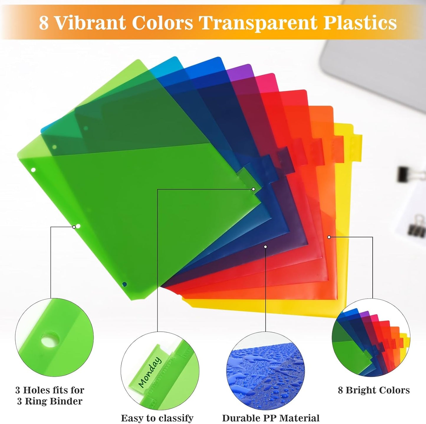 8-Tab Dividers for 3 ring binder, 96 Count Binder Dividers with Pockets, Subject Dividers, 3-Hole Plastics Sheets Protectors for US Letter Size in 0.5", 1",2" Binders, Vibrant 8 Color, 12 Packs