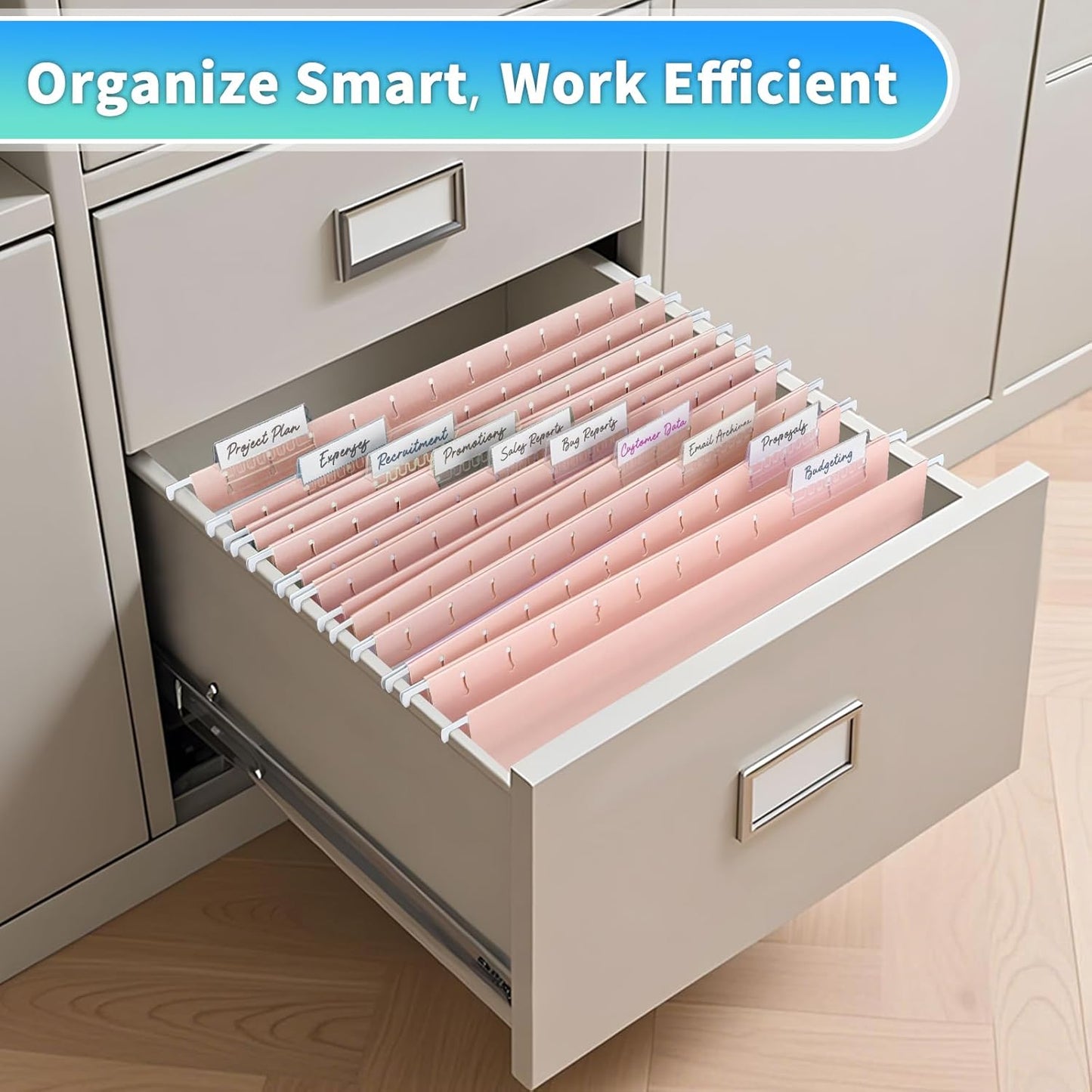 25-Pack Pink Hanging File Folders, Letter Size (8.5" x 11") with 1/5-Cut Tabs,25 Transparent Label Cards & 25 Sticker Labelsfor Home & Office Organization