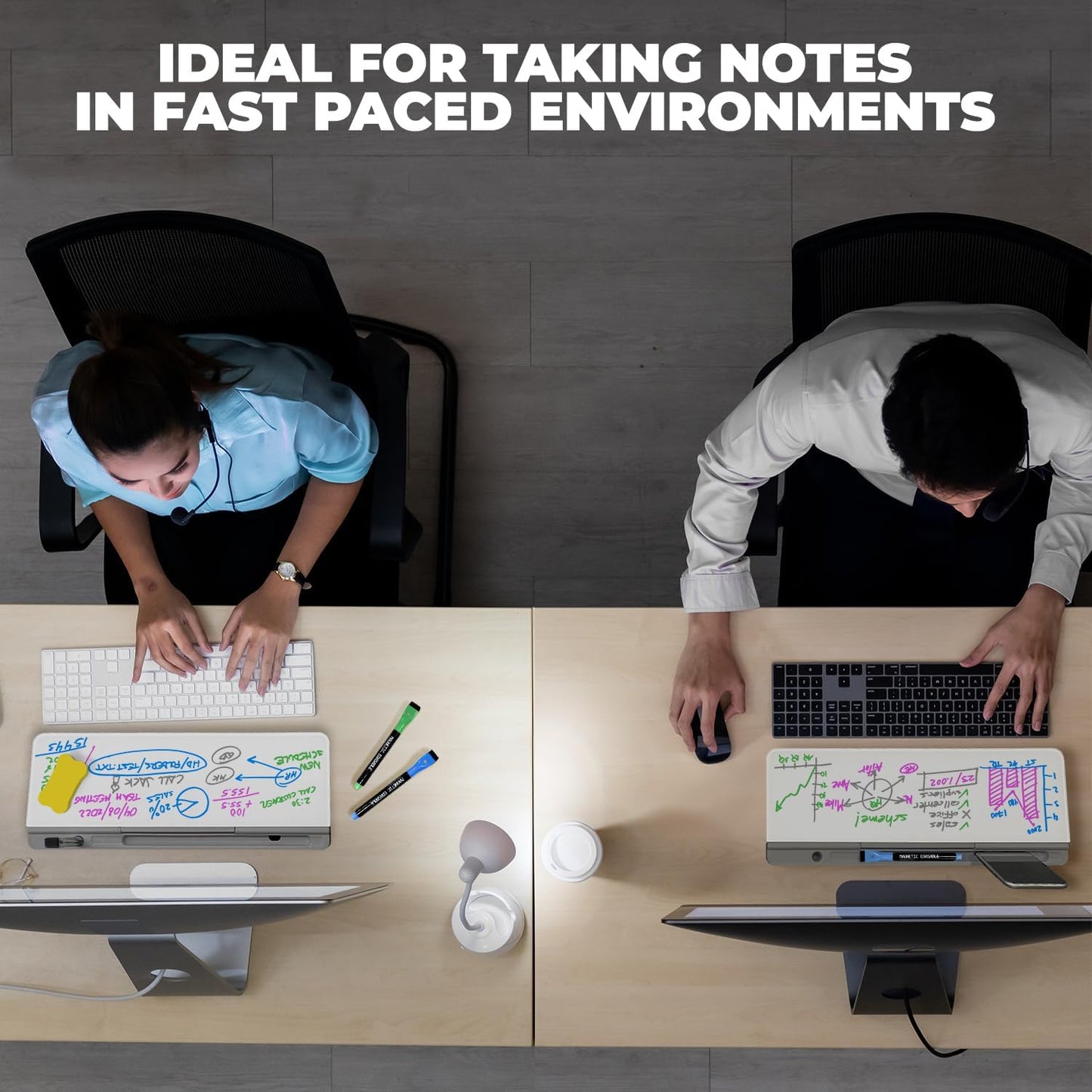 Desktop Whiteboard - Glass Dry Erase White Board - Desk Computer Buddy – Home Office & Studying Essentials - Desktop Pad with Phone & Tablet Slot, Storage Compartment - Includes 4 Markers, 1 Eraser