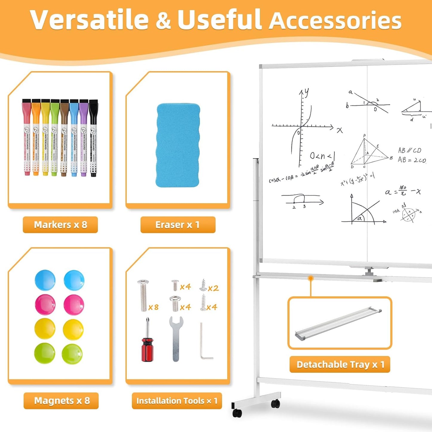 WALGLASS Rolling Dry Erase Whiteboard, 48"x36" Double-Sided White Board on Wheels, Large Portable White Board with Stand, Mobile Standing Whiteboards for Office, Home, School, Classroom 4x3 ft
