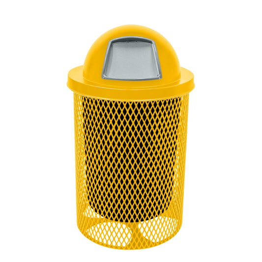 32-Gallon Heavy-Duty Expanded Metal Round Trash Receptacle, Commercial Outdoor Waste Bin with Liner & Dome Lid – Made in America (Textured Yellow)