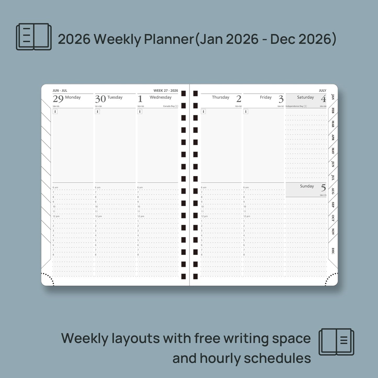 POPRUN 2026 Planner (Medium Size 8.5'' x 6.25'' Wire-Bound Hard Cover) Daily Weekly and Monthly Calendar - Agenda 2026 (Jan.2026-Dec.2026) with Hourly Schedule, Monthly Tabs - Black