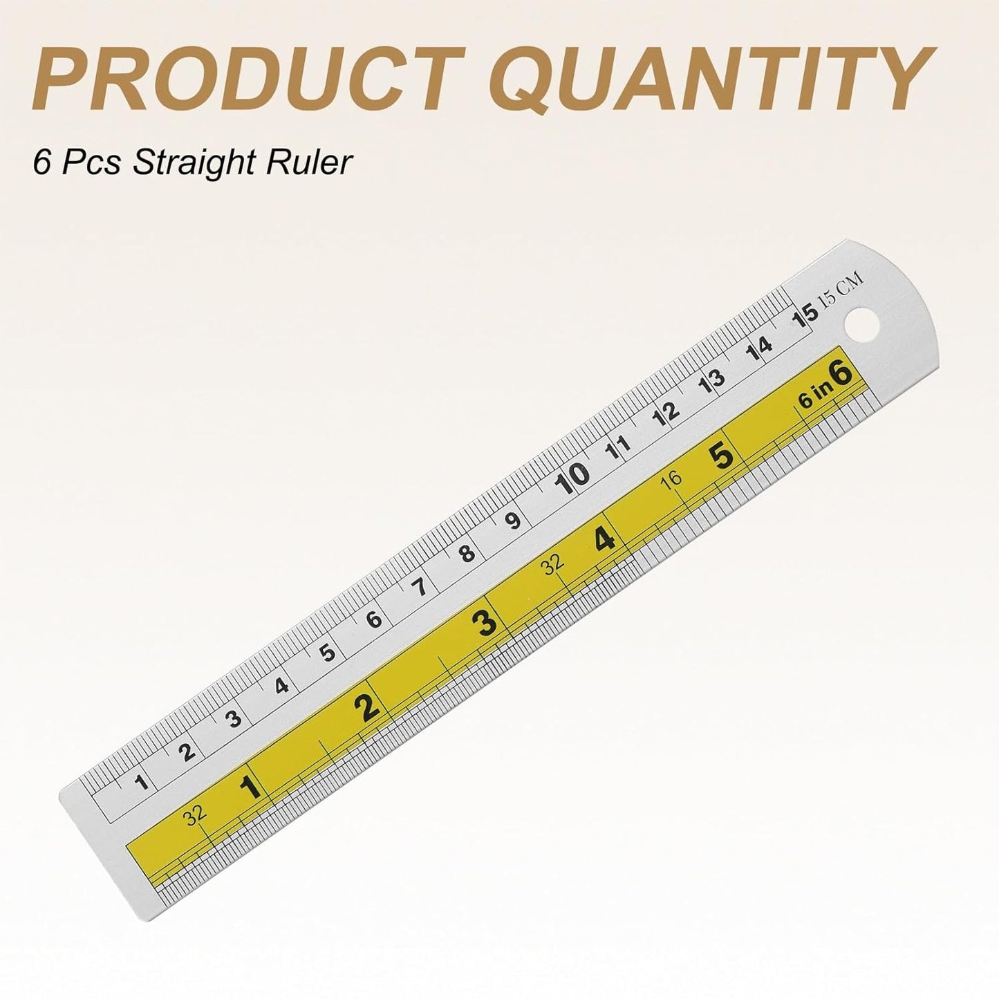 HARFINGTON 6pcs Metal Straight Ruler 15cm Metric SAE Aluminum Alloy Measuring Rulers Scale Tool with Hole for Measure Study Reading Classroom Office, Yellow