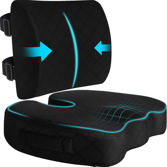 TushGuard Office Chair Cushions with Handles, Back&Seat Cushion, Sciatica & Back Coccyx Tailbone Discomfort Easing Chair Pad, Memory Foam Lumbar Support Pillow for Gaming, Desk, Car (Black, X-Large)