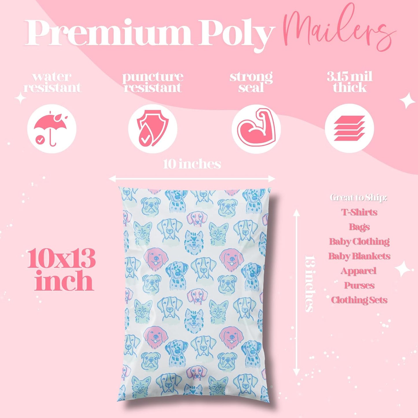 10x13 Designer Poly Mailer 100 Pack Heavy Duty Waterproof Self Seal Shipping Bags for Small Business Large Mailing Envelopes Bulk Tear Resistant Packaging Pretty Pups Puppy Dogs