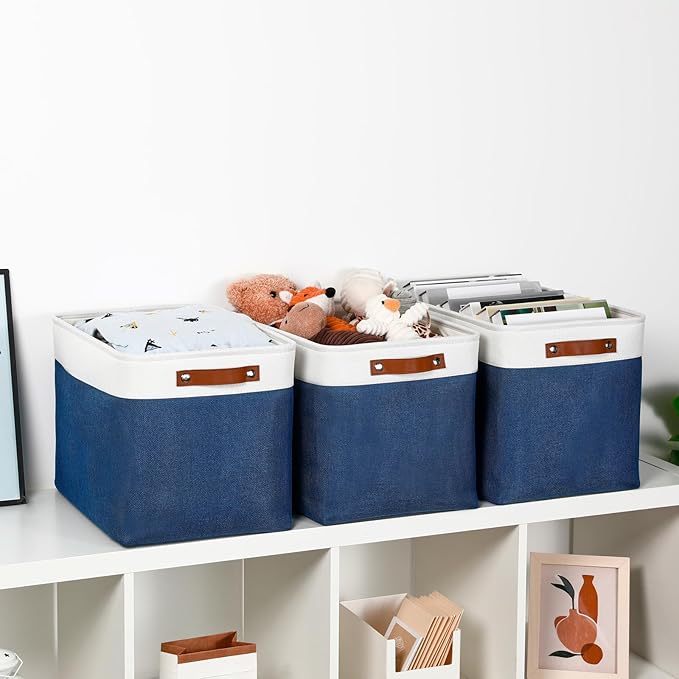 DULLEMELO Large Storage Baskets with Leather Handles for Linen Closet and Home Office, Decorative Baskets for Toys Storage (White & Blue)