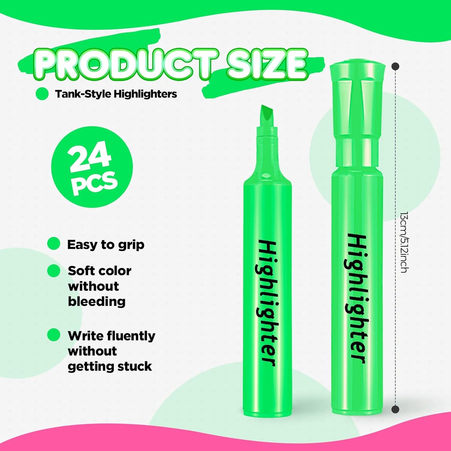 Qilery 24 Pack Tank Style Highlighters Chisel Tip Highlighters Bulk Colored Markers for Adult Coloring, Home Office Supplie(Green)