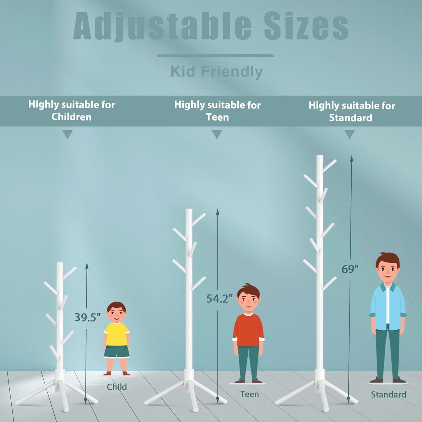 Haddockway Wooden Coat Rack Stand with 8 Hooks New Zealand Pine 3 Adjustable Coat Standing Tree Easy Assembly for Coats, Hats, Scarves and Handbags for Entryway, Hallway, Bedroom, Office, white