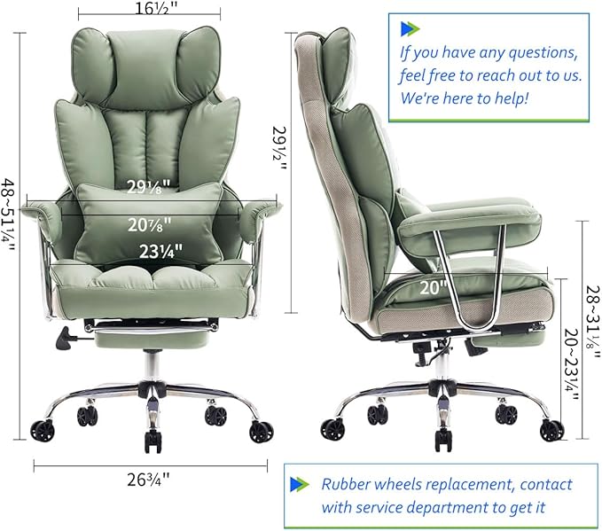 Efomao Big and Tall Office Chair 400lbs - Executive Office Chairs with Footrest, Heavy-Duty PU Leather Computer Chair for Heavy People, Light Green Home Office Desk Chairs