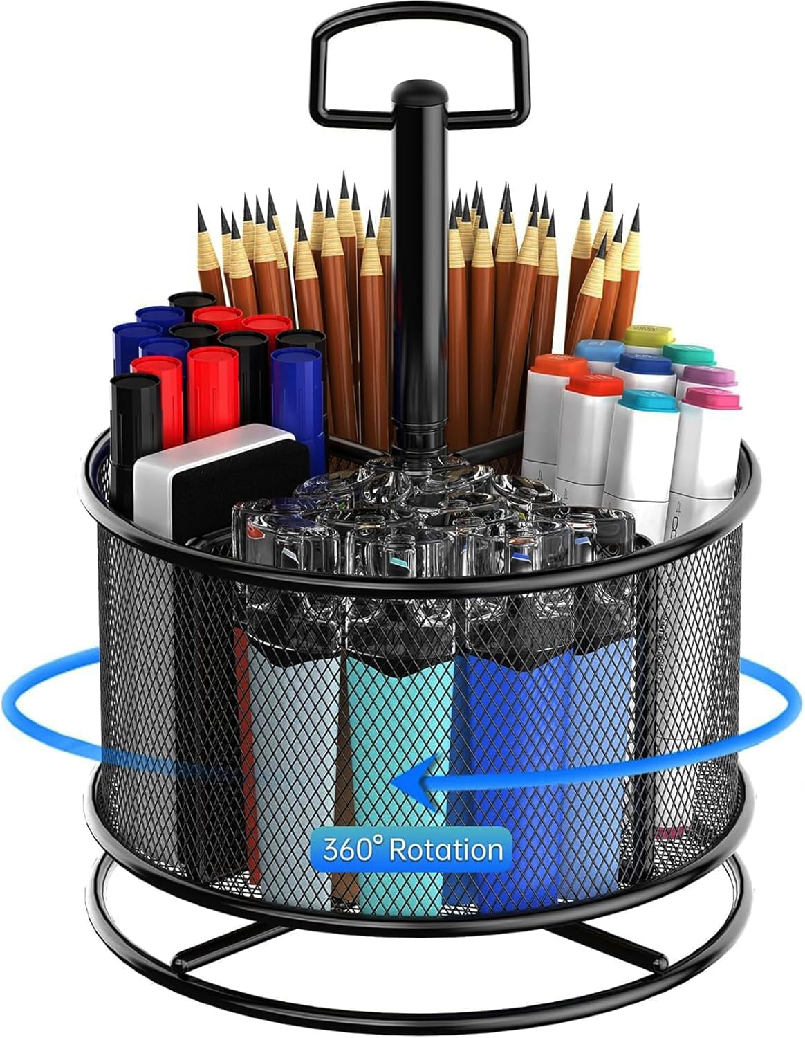 360-Degree Rotating Pen Holder for Desk, Mesh Pencil Organizer Multi-Functional Pen Holder, 4 Compartments Desktop Stationary Organizer, Home Office Black