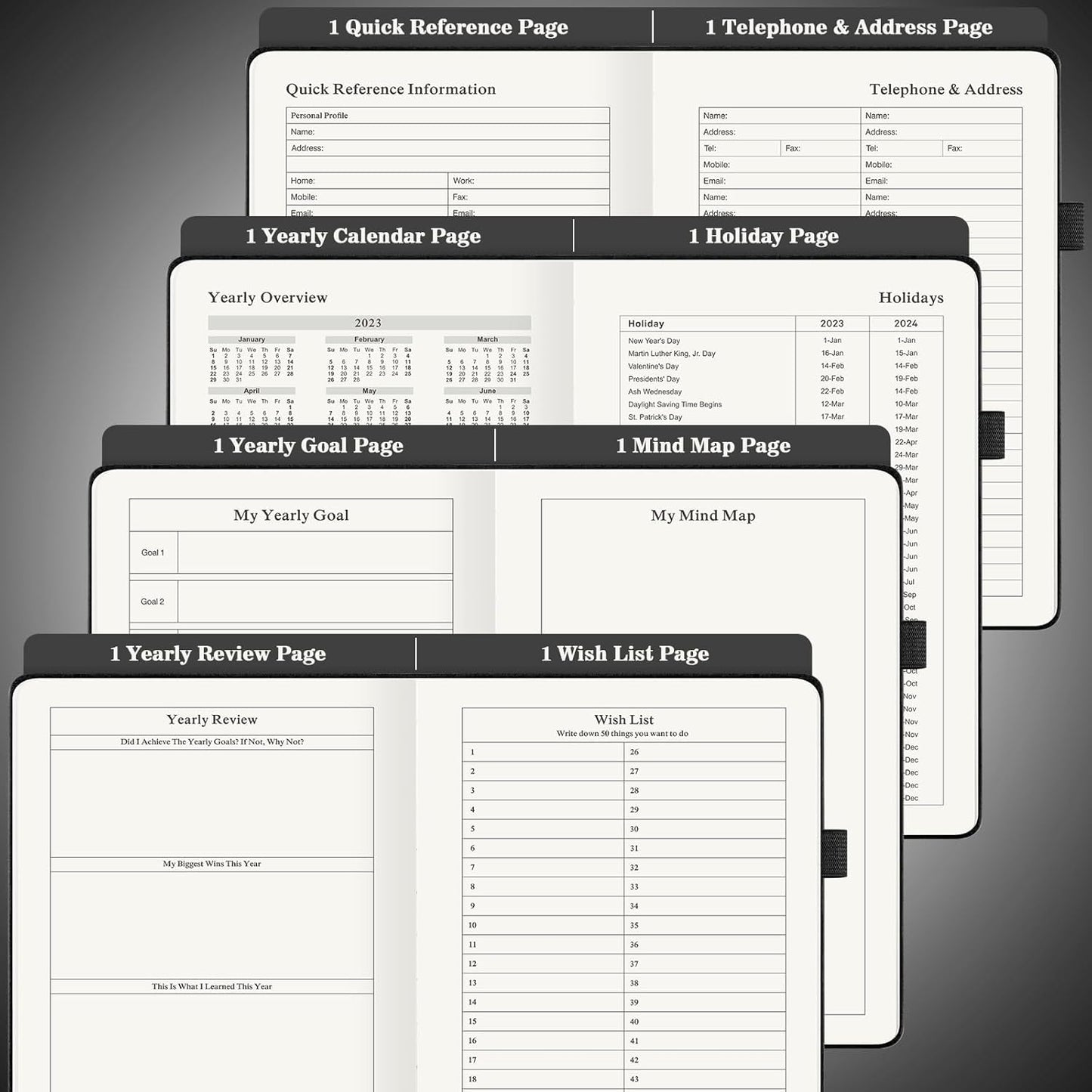 Daily Planner Undated, Planner 2024-2025, 365 Day Planne, Work Planner for Men, Hourly Planner Notebook for Goal Setting, Appointment Planner, Hardcover, Start Anytime, A5, Black