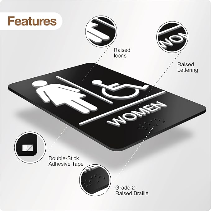 ADA Braille Handicap Bathroom Signs for Business with Double Sided 3M Tape (Pack of 2) - ABS Plastic Men and Women Bathroom Signs 9”x 6” for Offices, Businesses, and Restaurants