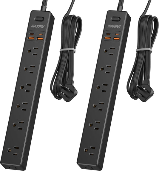 2 Pack Power Strip Surge Protector - 7 Outlets 4 USB Ports (2 USB C), 6 Ft Ultra Thin Flat Plug Extension Cord, 1875W/15A, 1700 Joules, Wall Mount for Home Office Dorm, Black