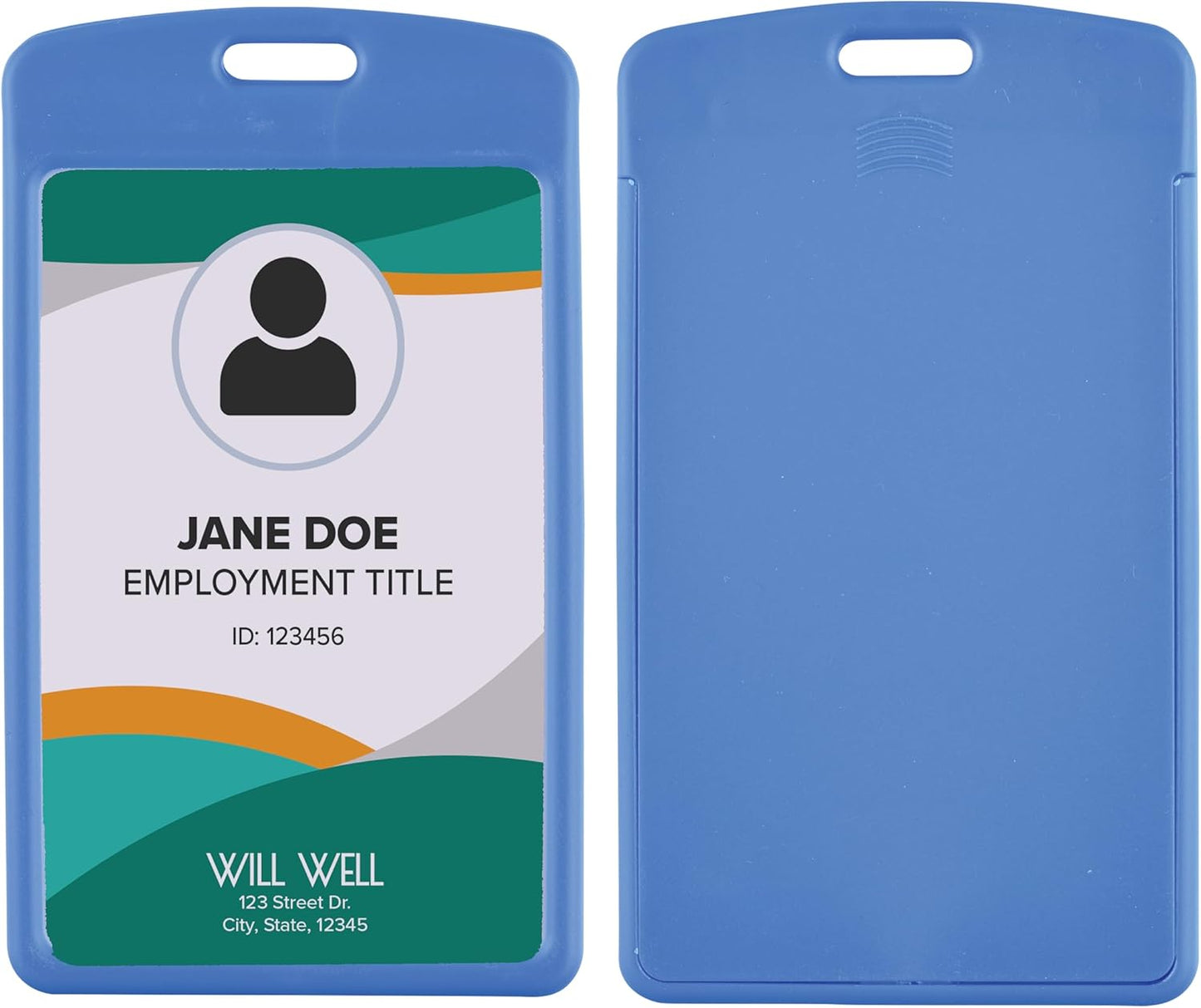 Will Well Vertical Sliding Badge Holder for Lanyards - Hard ABS Plastic 4.13" x 3.3" Protector Fits Up to 2 Standard-Sized Cards, Lightweight Secure Quick-Access Slide Cover Design - 6-Pack, Blue