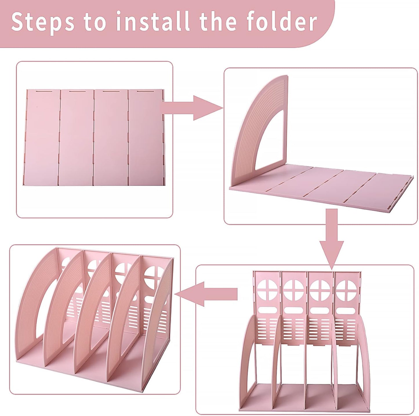 SAYEEC Magazine File Holder Folder Storage Desktop 4 Compartment Standing Hollow Pink Files Bookshelf Organizer Office Racks Displays Holds Notebooks Documents for School Working Students