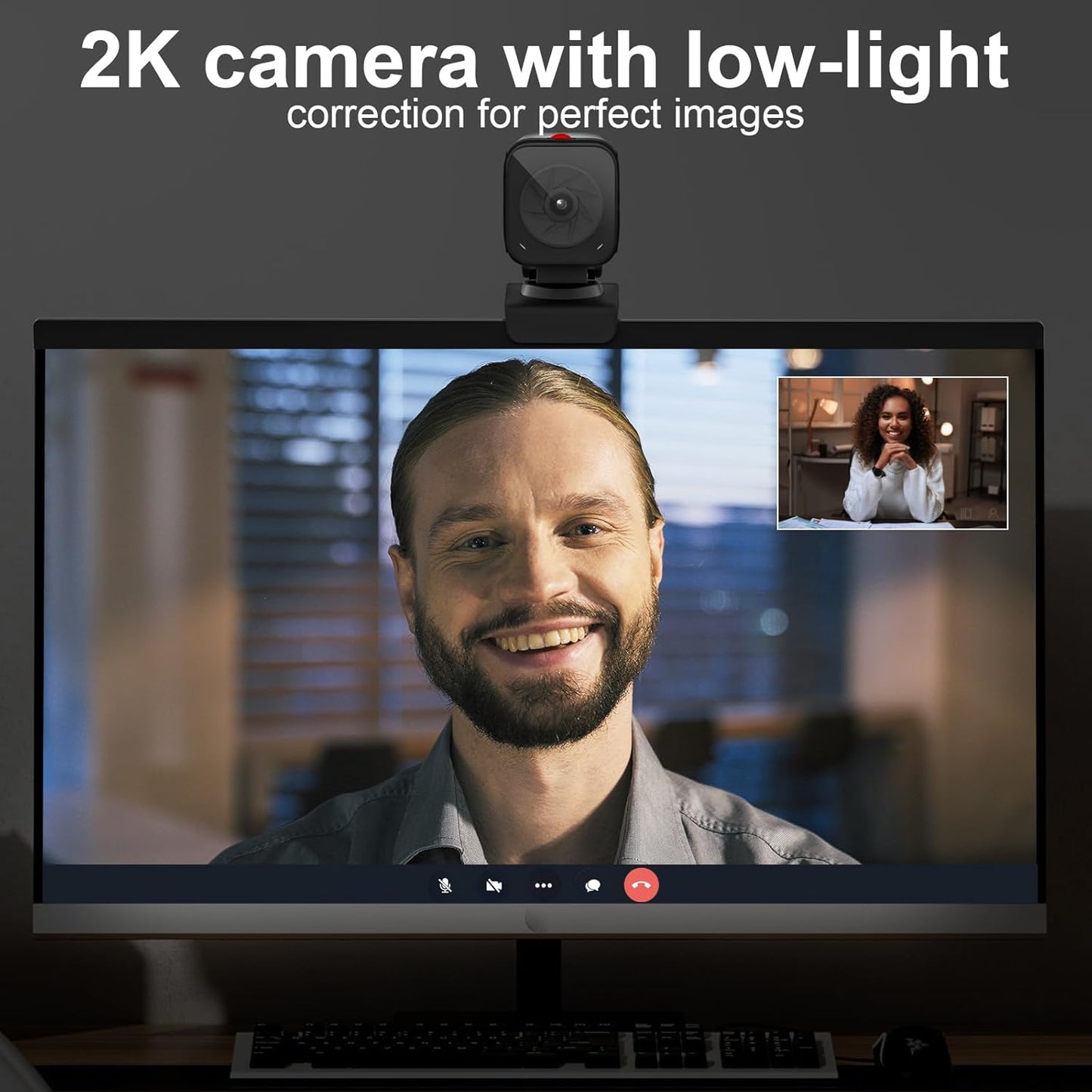 Webcam for PC/Laptop/Mac with Remote Control, 2K Computer Camera, Low-Light Correction, AI-Noise Canceling Mics, Adjustable Field of View, Built-in Privacy Cover, Stereo Mics