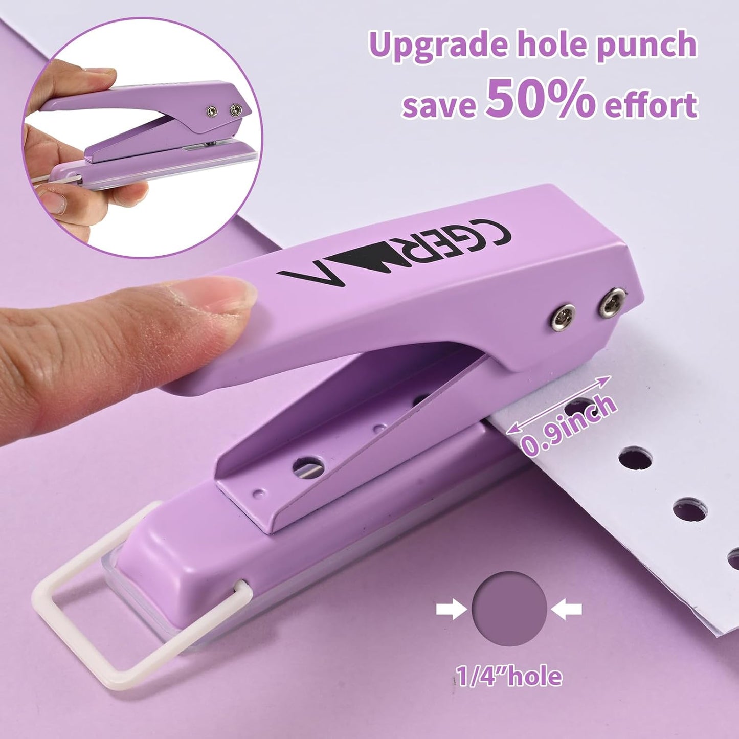 Single Hole Puncher, 1/4" Hole, 50% Labor Savings, Heavy Duty Metal Punch, 15 Sheet Capacity, for ID Cards, Chipboard, Art Project, Crafts Easy Punching, Purple