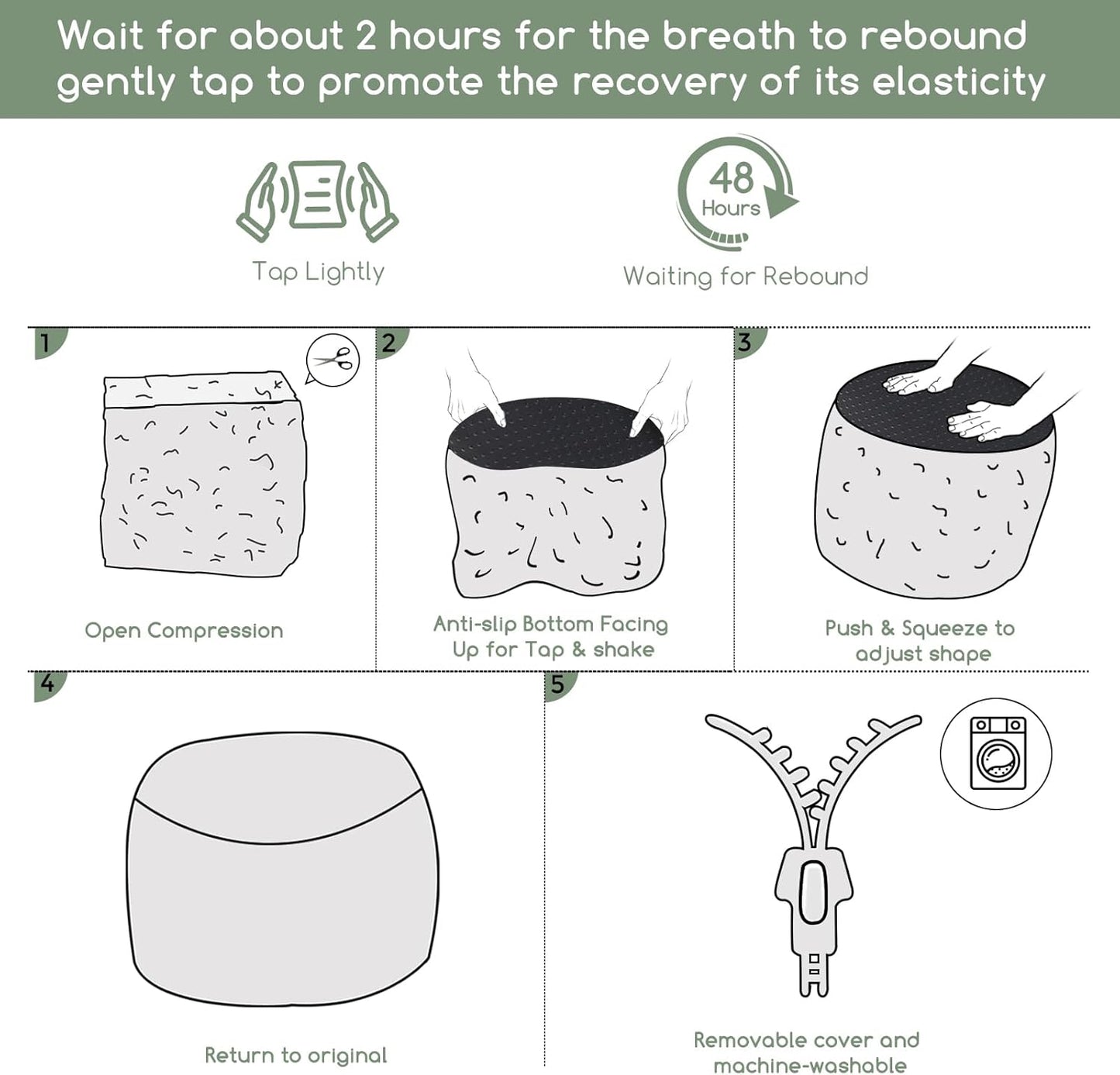 HIGOGOGO Round Stuffed Pouf Ottoman, Long Faux Fur Poufs with Foam Chunk Filling, Fluffy and Furry Pouf Foot Stool Storage Ottoman, 20 X 15 Floor Poufs Foot Rest for Living Room, Green