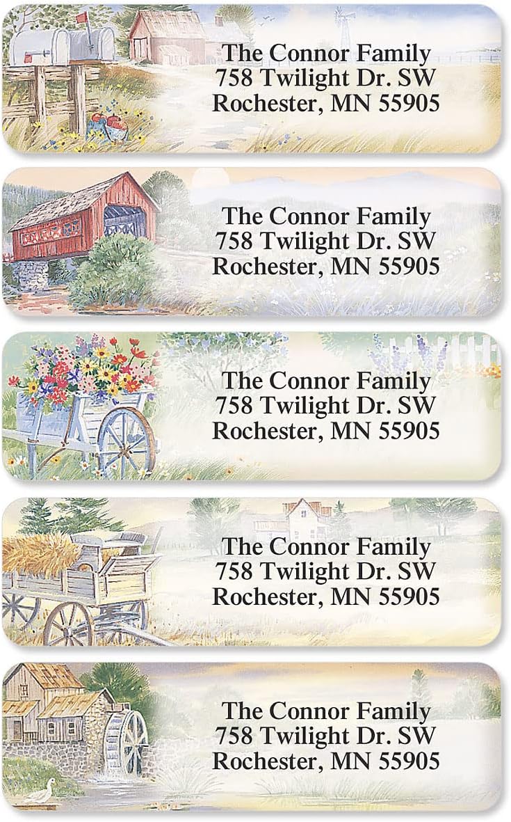 Colorful Images American Countryside Rolled Personalized Return Address Mailing Labels with Dispenser, Customize with Name & Shipping Address, 250 ¾” x 2½” Self Adhesive, Easy Peel Label Roll