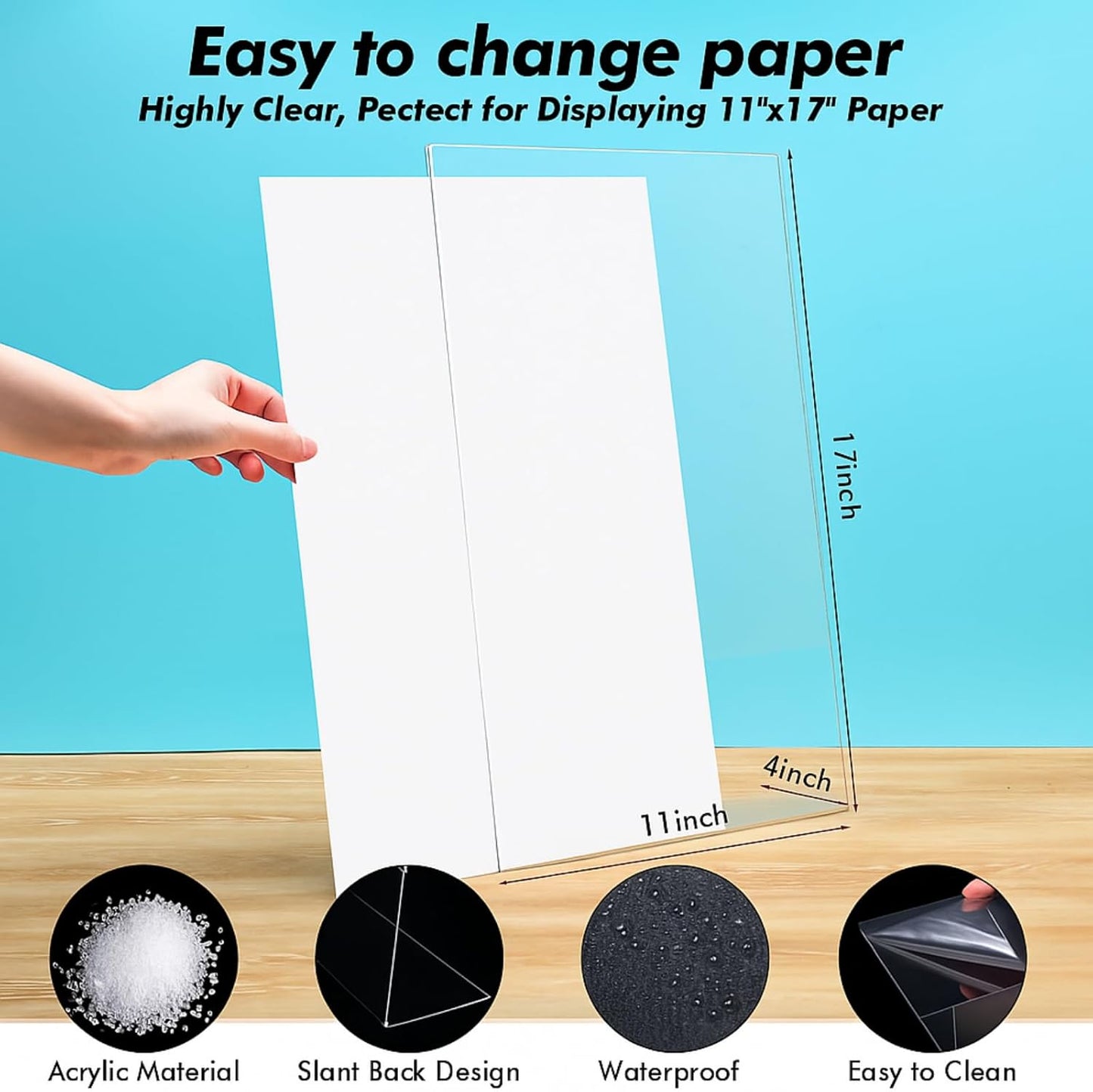 Qilery 2 Pcs 11 x 17 Inch Acrylic Sign Holder Clear Display Stand Frame Table Top Slant Back Plastic Sign Holder Flyer Document for Menu Workers Teachers Office School Desktop