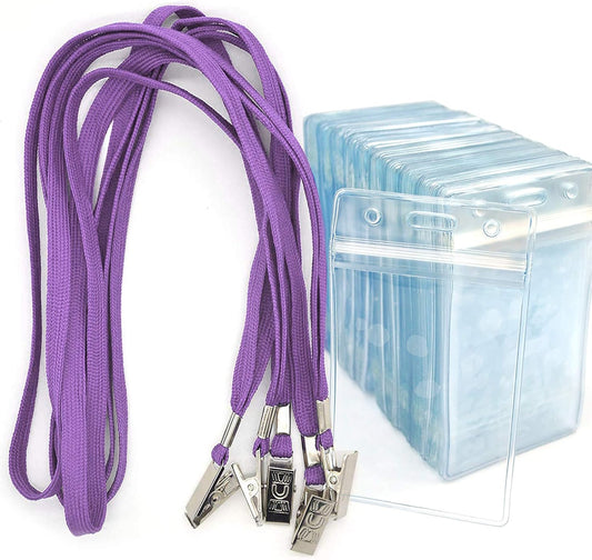 Bird Fiy Lanyards with Id Holder Badges Name Tags 50 Pack Lanyards with Bulldog Clip and 50 Pack Waterproof Clear Plastic Vertical Name Tag Badge ID Card Holders (Purple)