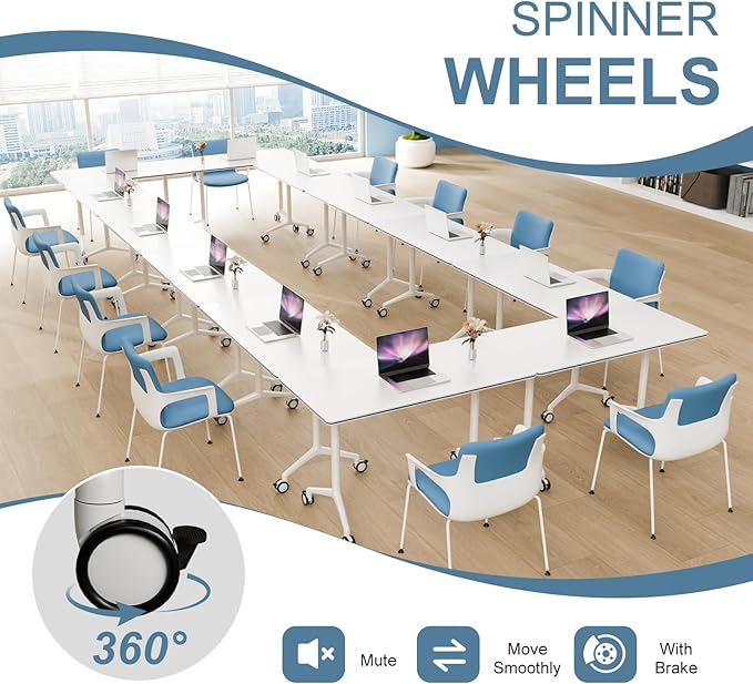 6Pack Folding Conference Room Table, Modern Conference Tables with Silent Wheels, Large Rectangular Mobile Training Tables for Office Classroom, Foldable Modular Seminar Table White (L63in)