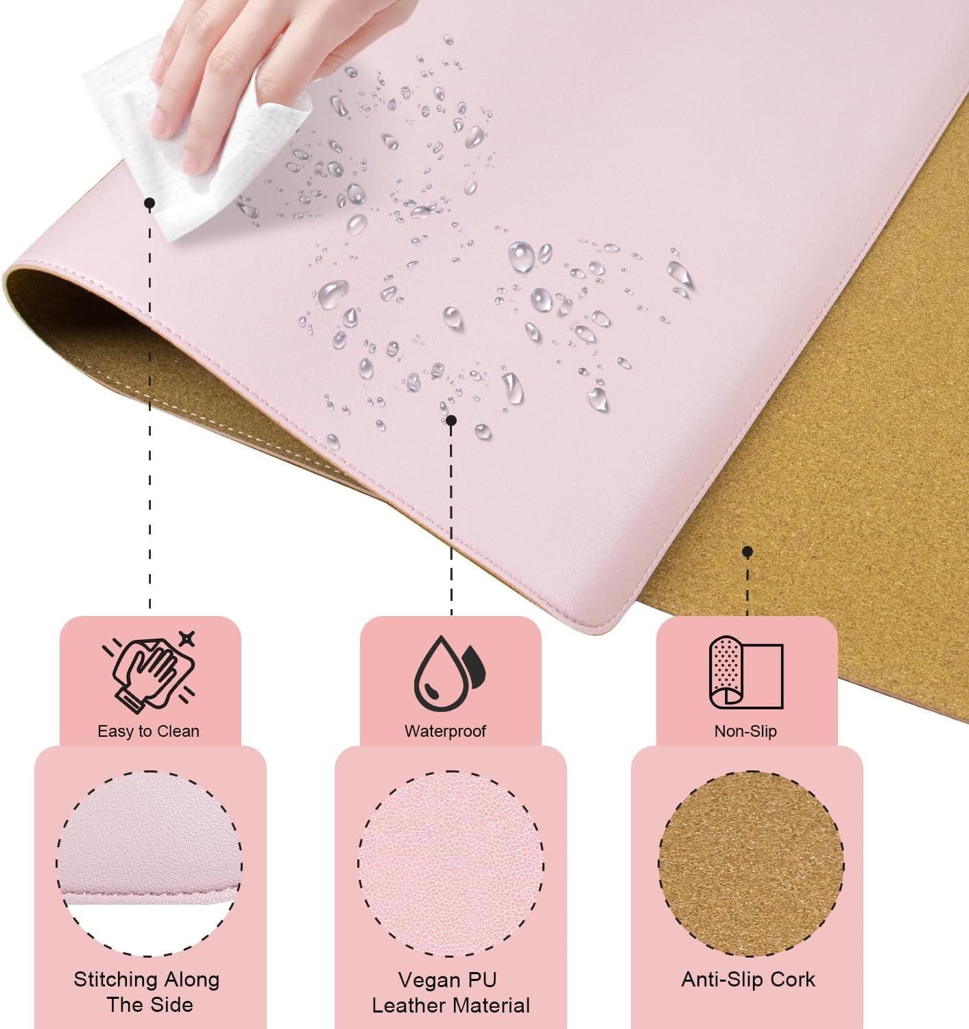 Large Desk Pad 35.4" x 17", Non-Slip Desk Mat with PU Leather & Natural Cork, Waterproof Writing Desk Natural Cork, Computer Mat Desk Protector for Office Home, Pink