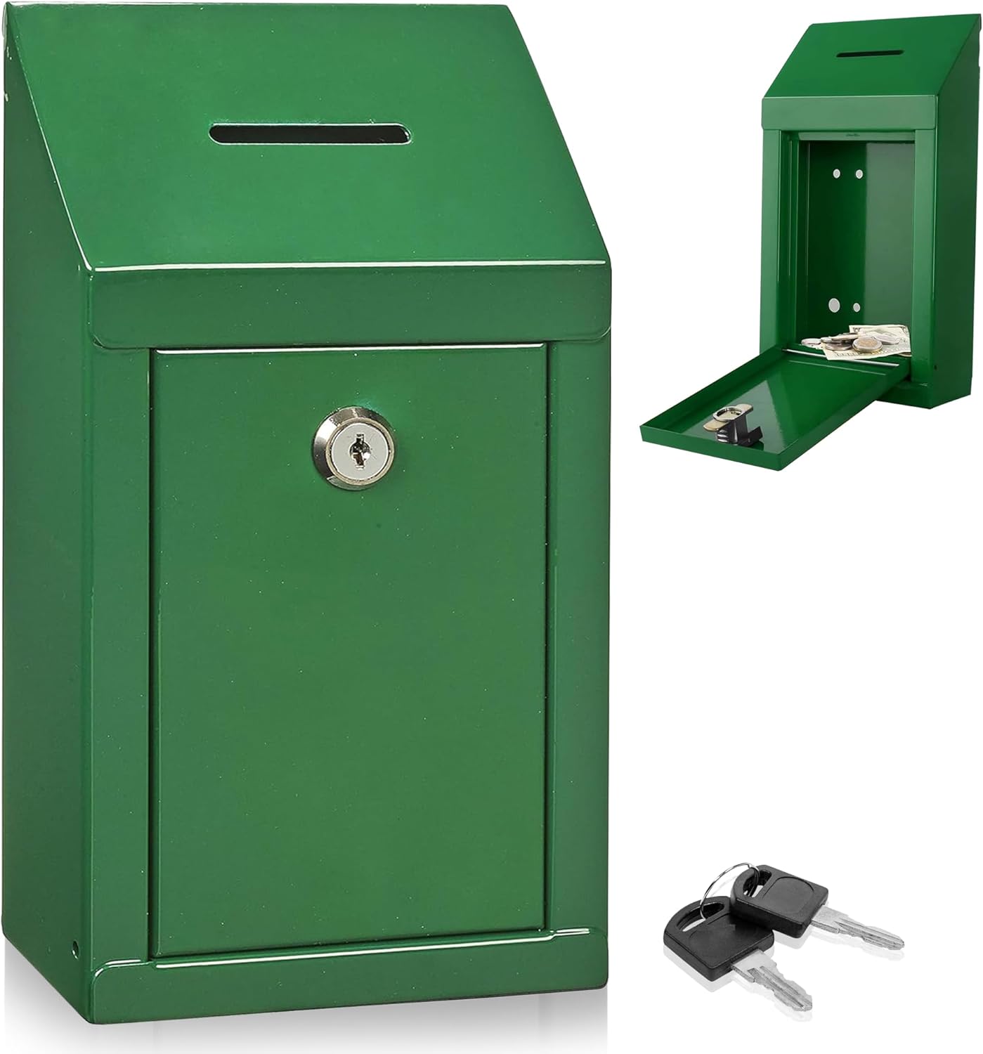 Metal Donation Box-Suggestion Box with Slot and lock-Cash Lock box for Money-Secure Drop Box-Comment and ballot voting box-comes with pre-drilled holes for easy wall mounting 10 X 6 X 2.5"(Green)
