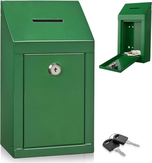 Metal Donation Box-Suggestion Box with Slot and lock-Cash Lock box for Money-Secure Drop Box-Comment and ballot voting box-comes with pre-drilled holes for easy wall mounting 10 X 6 X 2.5"(Green)
