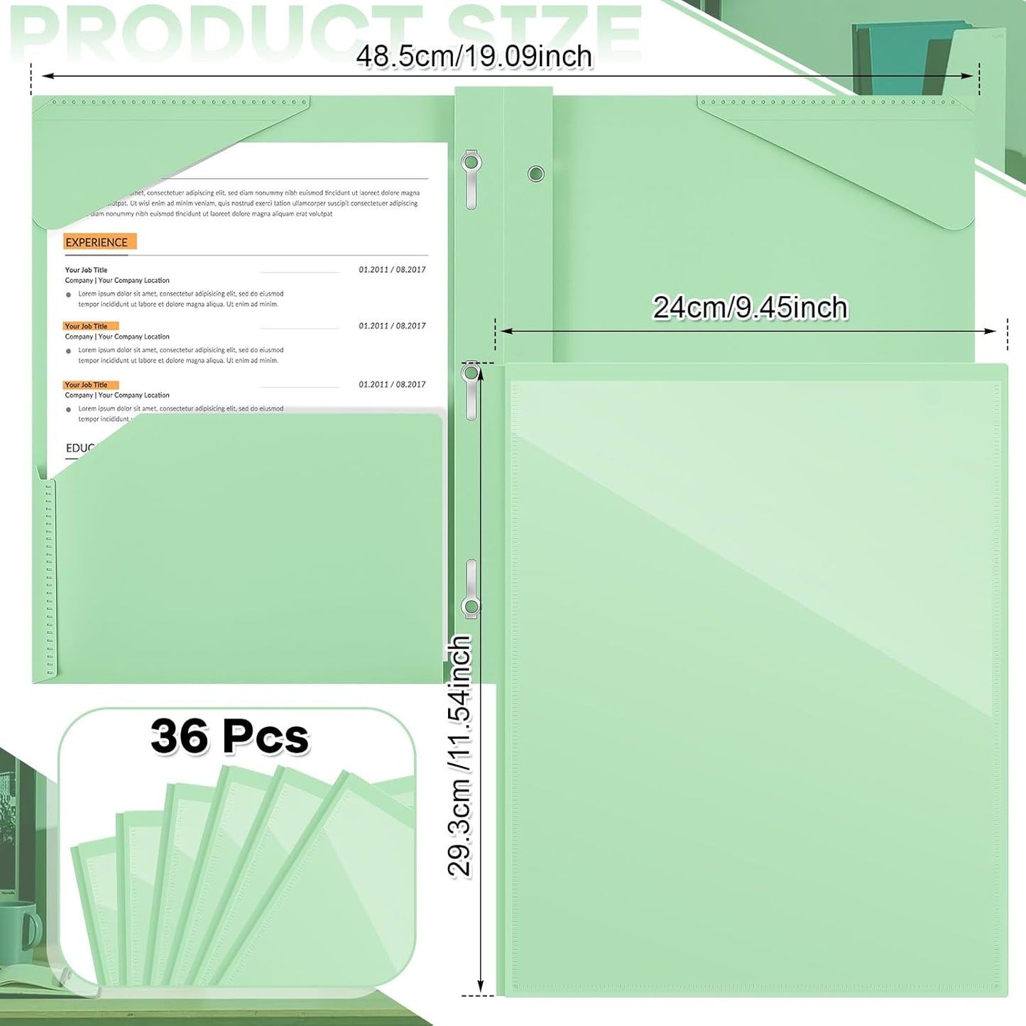 Henoyso 36 Pcs Plastic Folder with Clear Front Pocket and 3 Prong Plastic Folders with Card Slot Pocket Folders with Prongs for School Office (Light Green)