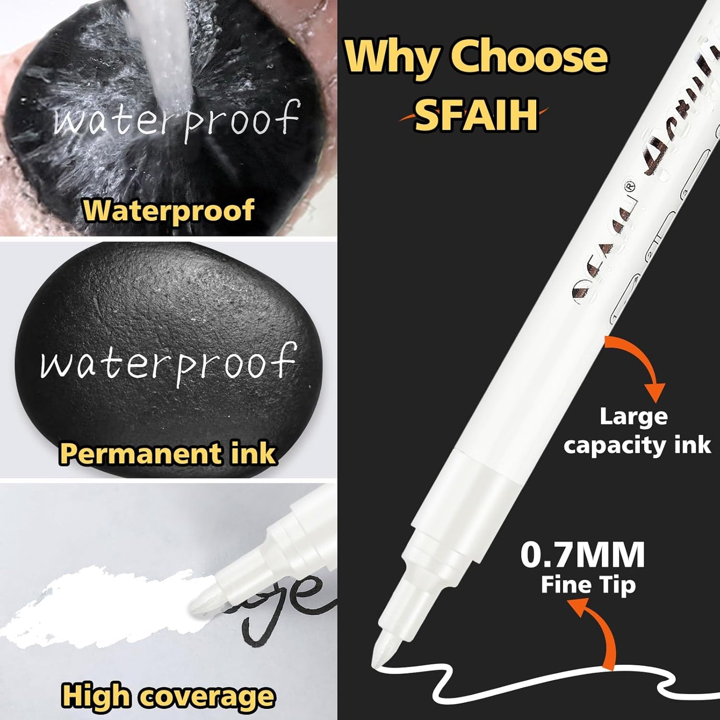 SFAIH White Paint Markers Pens - 4 Pack 0.7MM Fine Tip Acrylic White Permanent Markers for Adding Highlights on Rocks, Black Paper Sketching, DIY Canvas Art Details