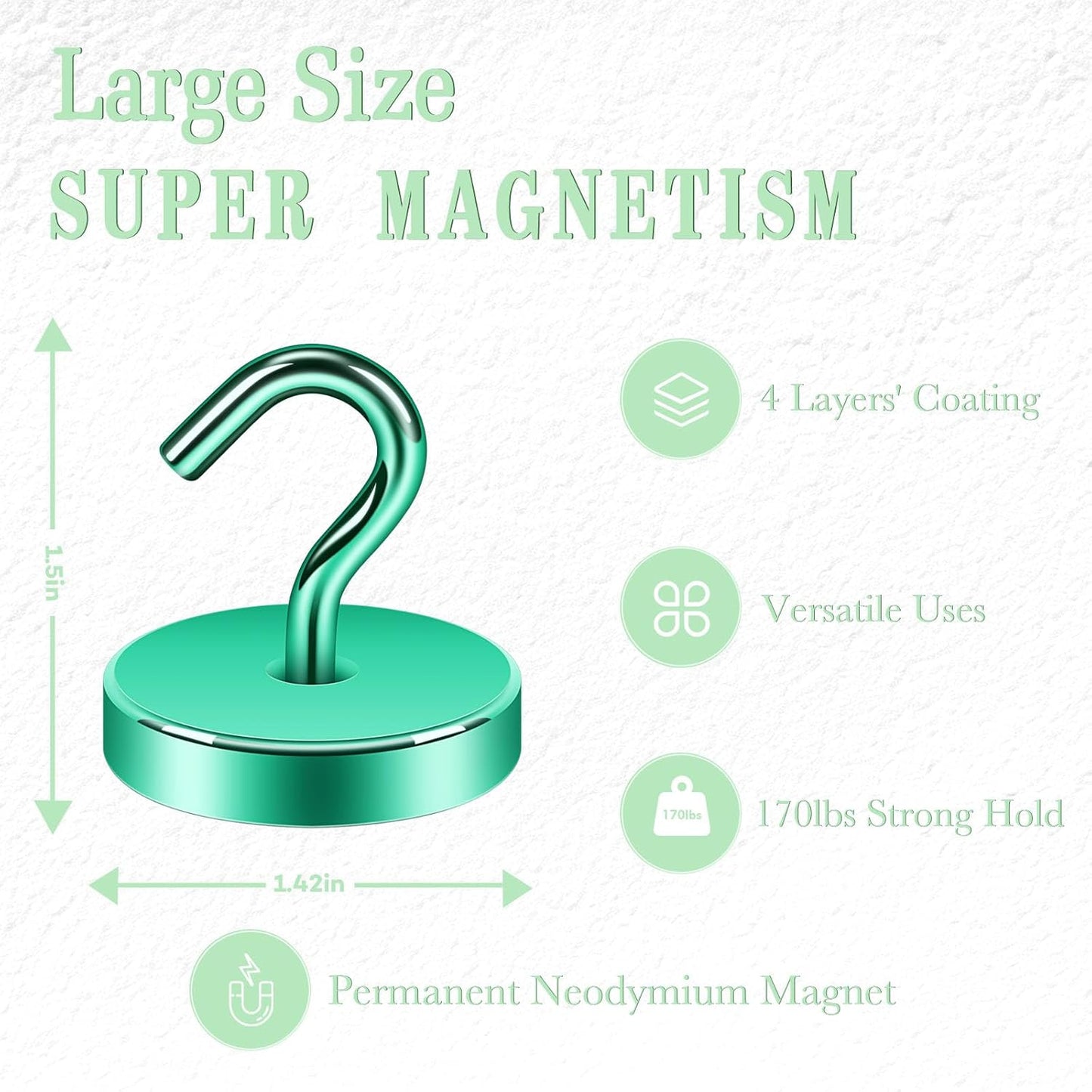 Neosmuk Magnetic Hooks, Heavy Duty 170lb Strong Magnets for Cruise Cabins, Ship Essentials, Large Metal Hooks for Hanging on Fridge(Green,Pack of 4)