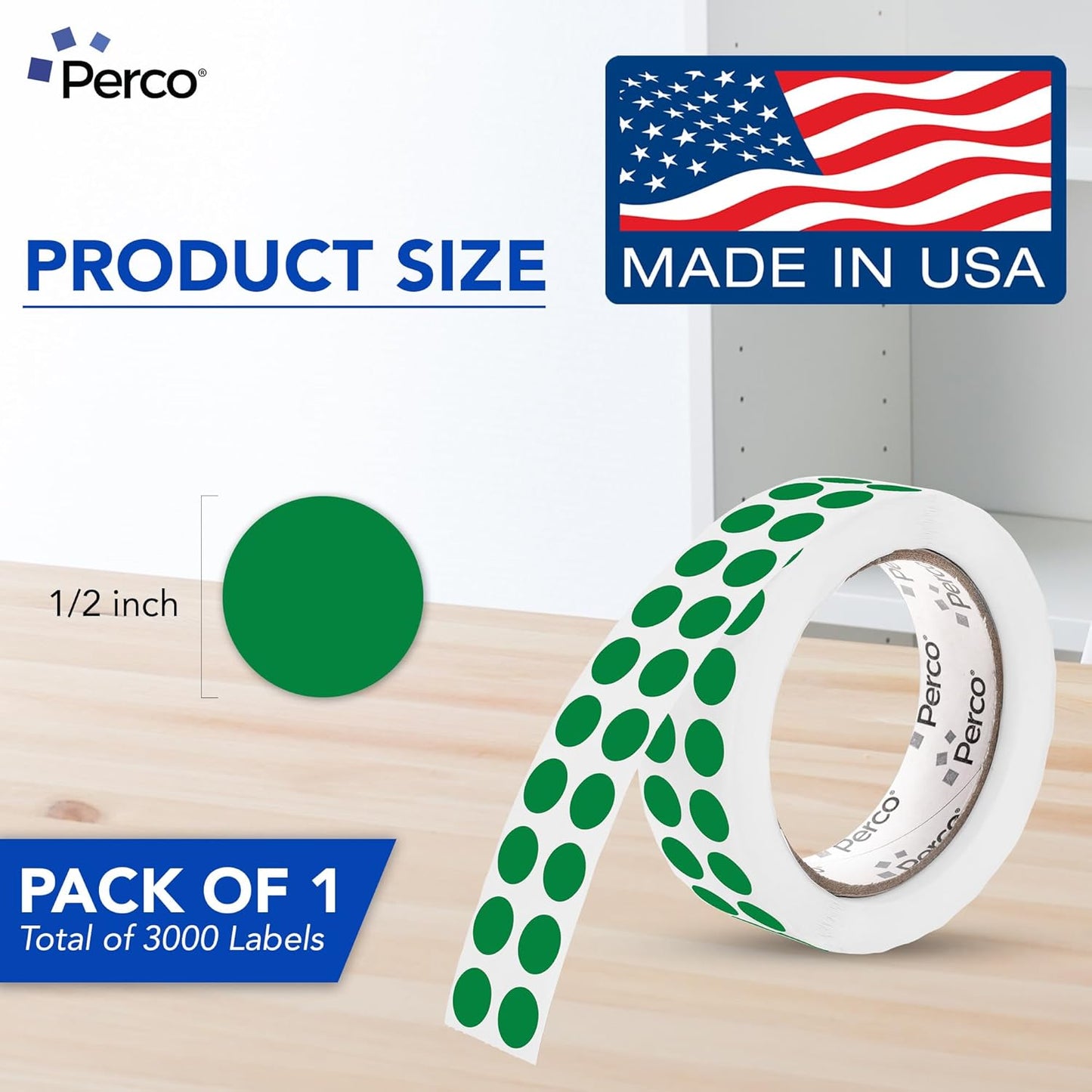 Perco Green 1/2-Inch Round Circle Dot Sticker Labels with Easy Peel Perforation - 3,000 Labels per Roll - Strong Adhesion, Vibrant Colors for Organizing, Crafting & More - Made in USA