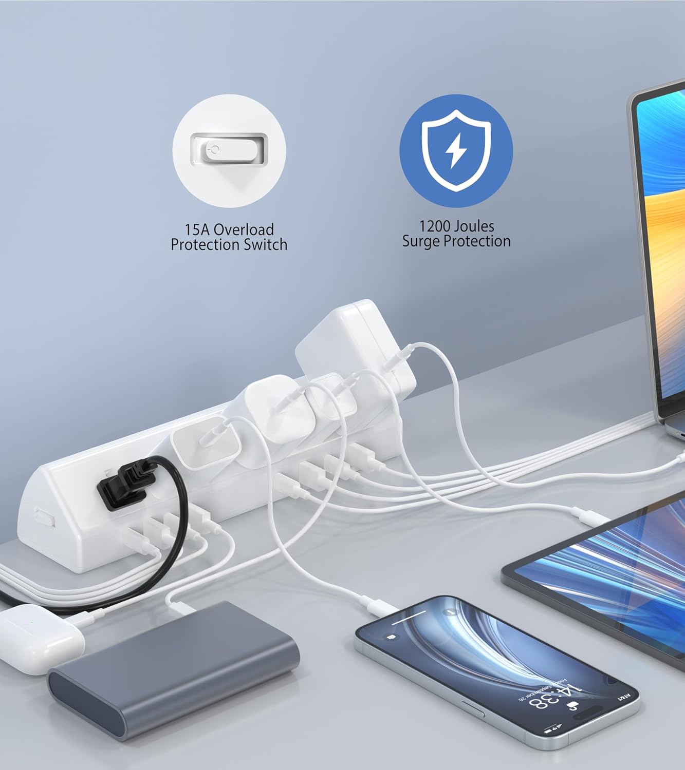 45W Fast Charging Station,Desk Clamp Power Strip,4 PD USB-C Ports,5 AC Outlets,Surge Protector Power Strip, 14AWG Heavy Duty Cord, Fits 1.9" Tabletop Edge (White, 15 FT Cable)