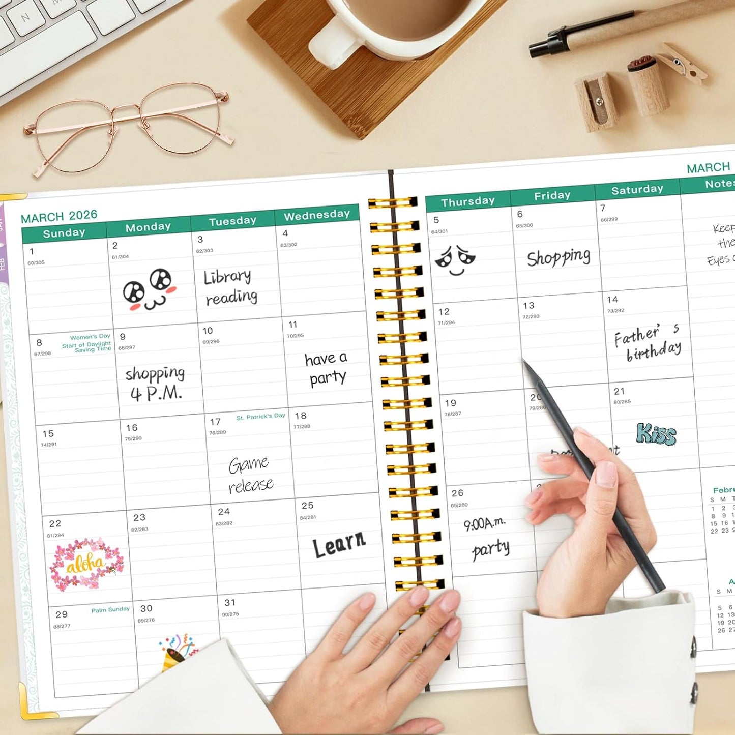 GuassLee Planner 2026 Daily Weekly and Monthly - Large A4 Planner from January 2026-December 2026, 8.8"x11.4" Aesthetic Teacher Student Agenda Book with Back Pocket, Stickers, Coated Tabs, A4 Size