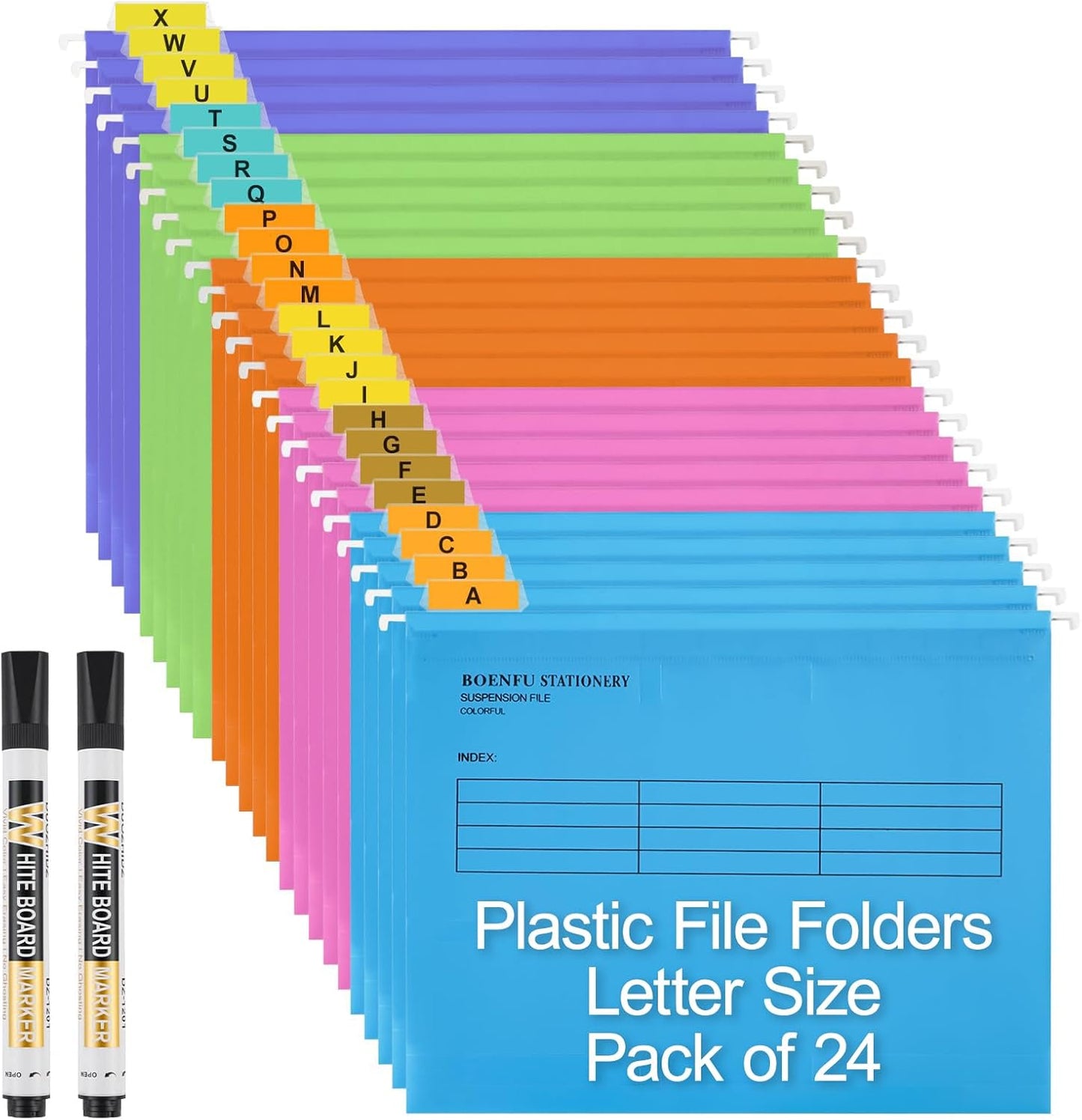BOENFU 24 Pack Colored Hanging File Folders Letter Size Plastic File Folders with Adjustable Tabs, 2 Markers, Hanging Organizer File Folders for Efficient Filing