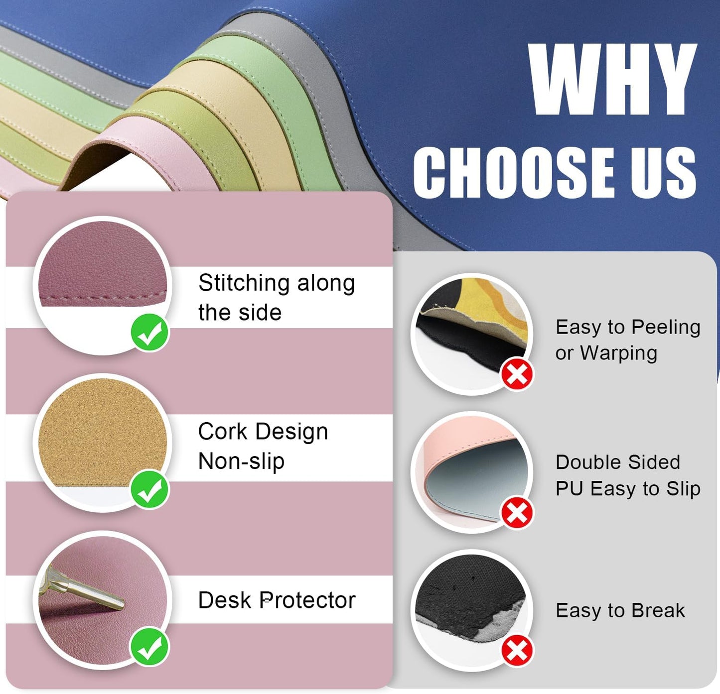 Non Slip Desk Mat, 31.5" x 15.7" PU Leather Desk Pad, Cork Desk Mat for Desktop, Desk Pad for Keyboard and Mouse, Ideal for Office and Home, Purple Pink