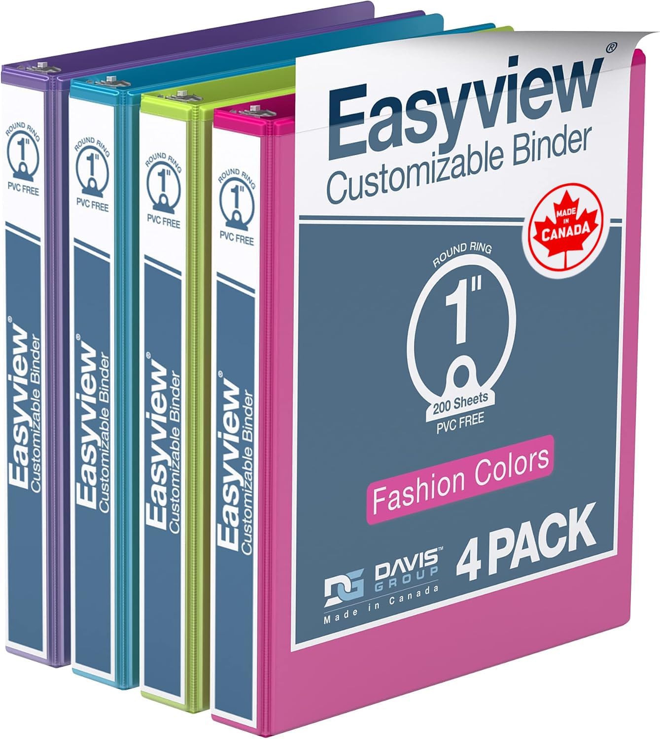 Easyview Premium 3-Ring Binders with Clear-View Covers and Round Rings, Binders for School or Office, 1 Inch, Pack of 4, Fashion Colors