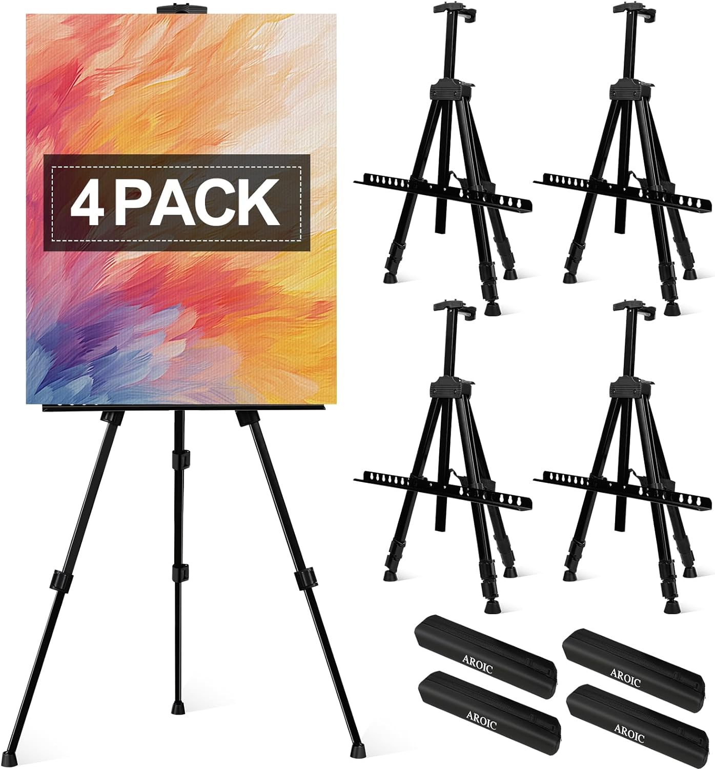 AROIC 4 Pack Painting Display Easel Stand Portable Adjustable Metal Tripod Artist Canvases Height from20to66Inch Extra Sturdy forTable-Top/Floor Painting, Drawingand Displaying,Black with4Storage Bag