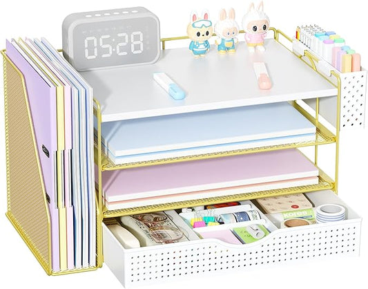 gianotter Wood Desk Organizers and Accessories with File Holder, 4-Tier Desk Accessories & Workspace Organizers with Drawer and Pen Holder, Paper Organizer for Office Supplies (Gold)