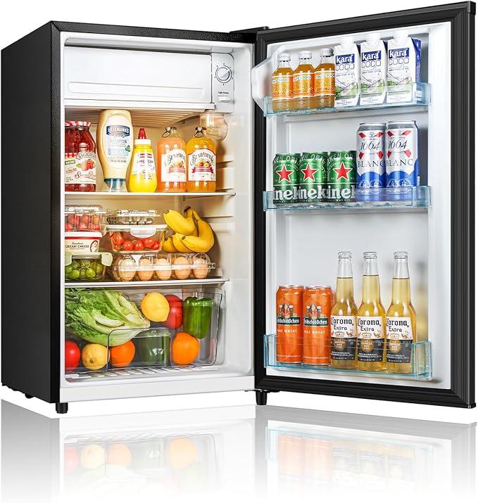 Seaoola Mini Fridge with Freezer, Single Door 4.4 Cu.Ft, Compact Mini Refrigerator, LED Light, Adjustable Thermostat, Removable Glass Shelves, Small Refrigerator for Dorm/Office/Bedroom(Black)