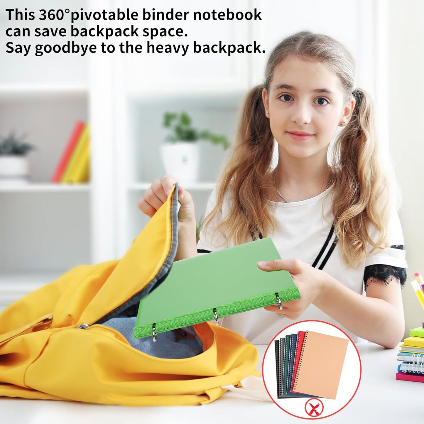 Pivotable Refillable Notebook, 1 Inch 3 Ring Notebook Binder, 100 College Ruled Paper, 5 Subject Notebook with Dividers and Folder Pockets, Tabs- Blue